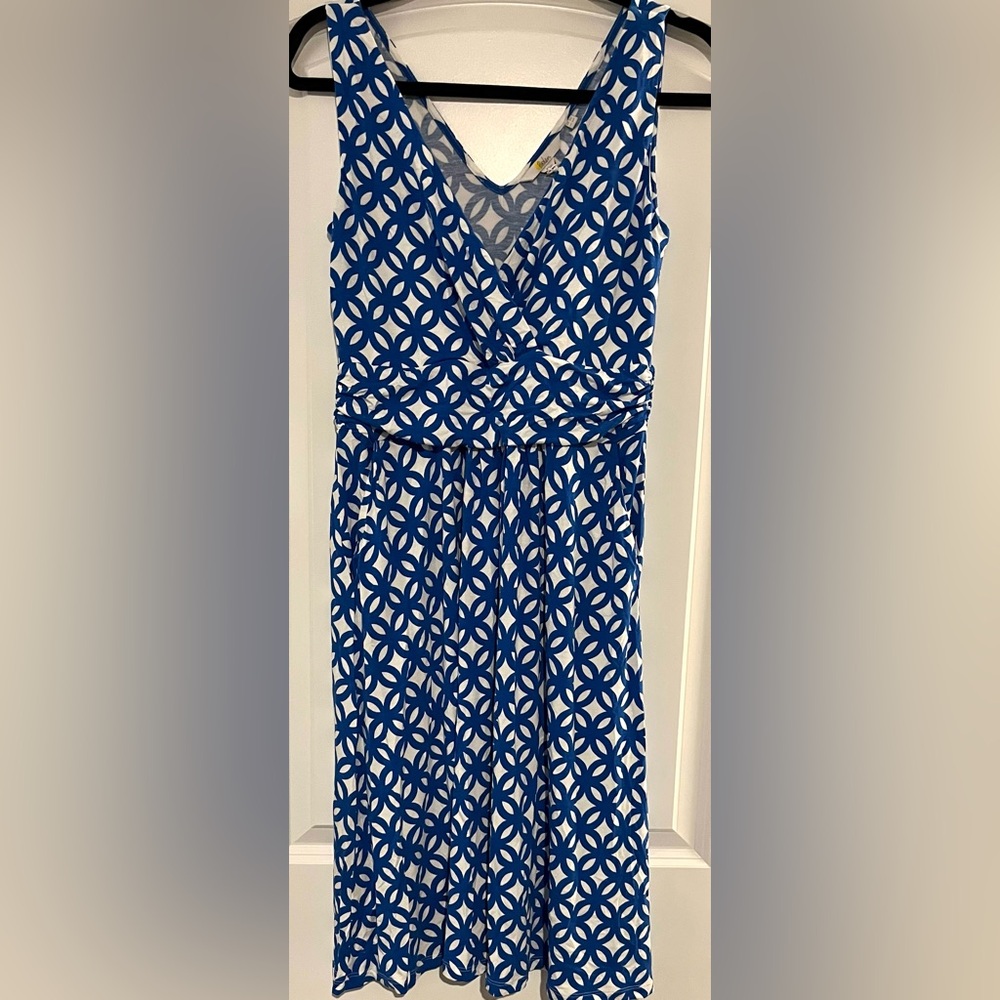 Boden Blue White Geometric Floral Midi Dress Soft Knit Jersey Faux Wrap Top NWT